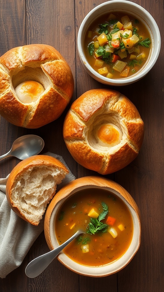 Freshly baked bread bowls on a wooden table, ready to be filled with soup.